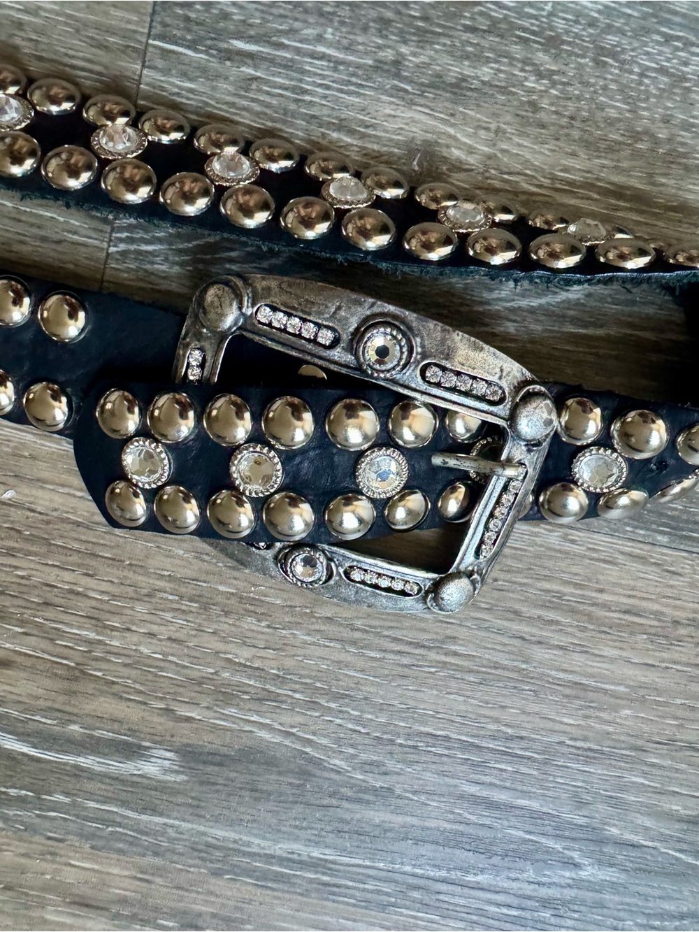 Studded Western Black Leather Belt with Rhinestone Buckle